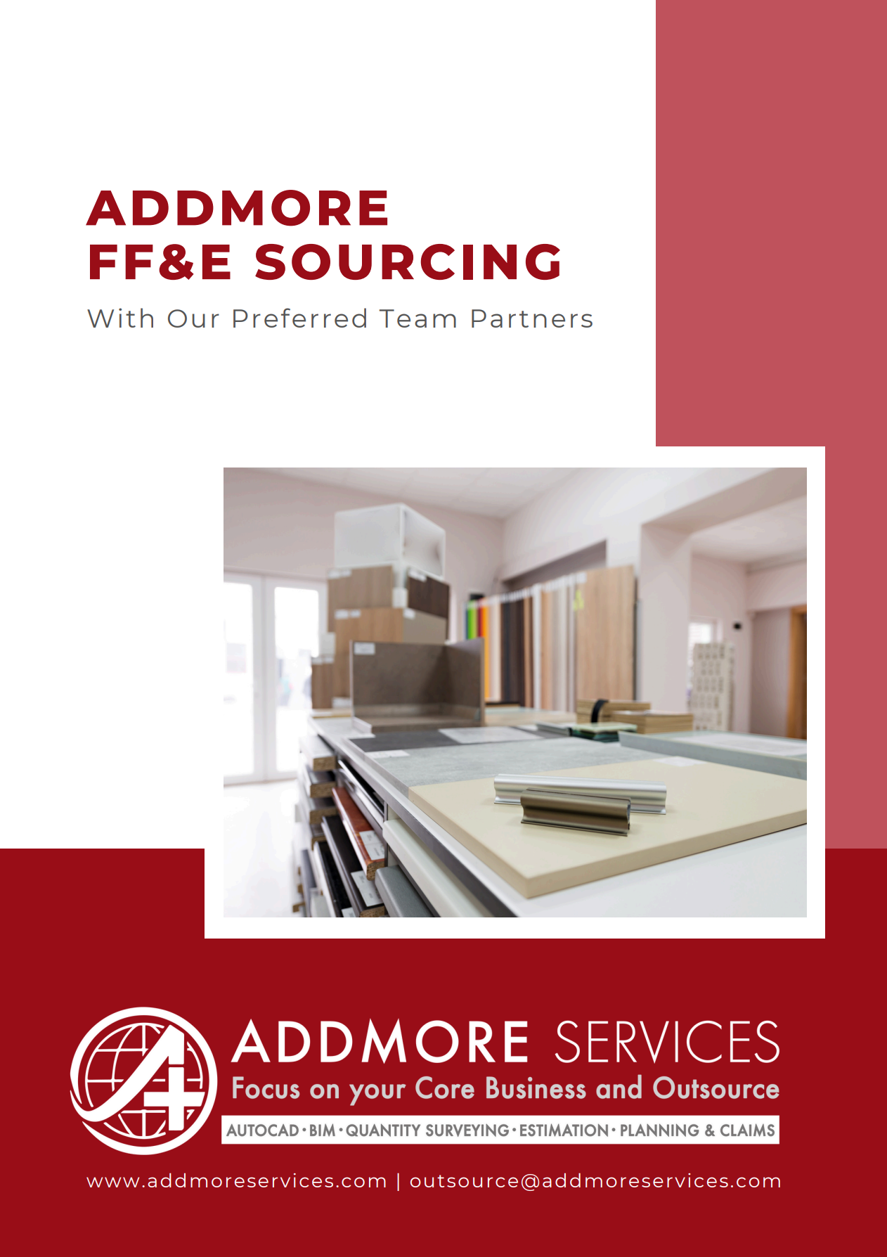 Brochure for Addmore FF&E Sourcing; red and white with a photo of a showroom and text