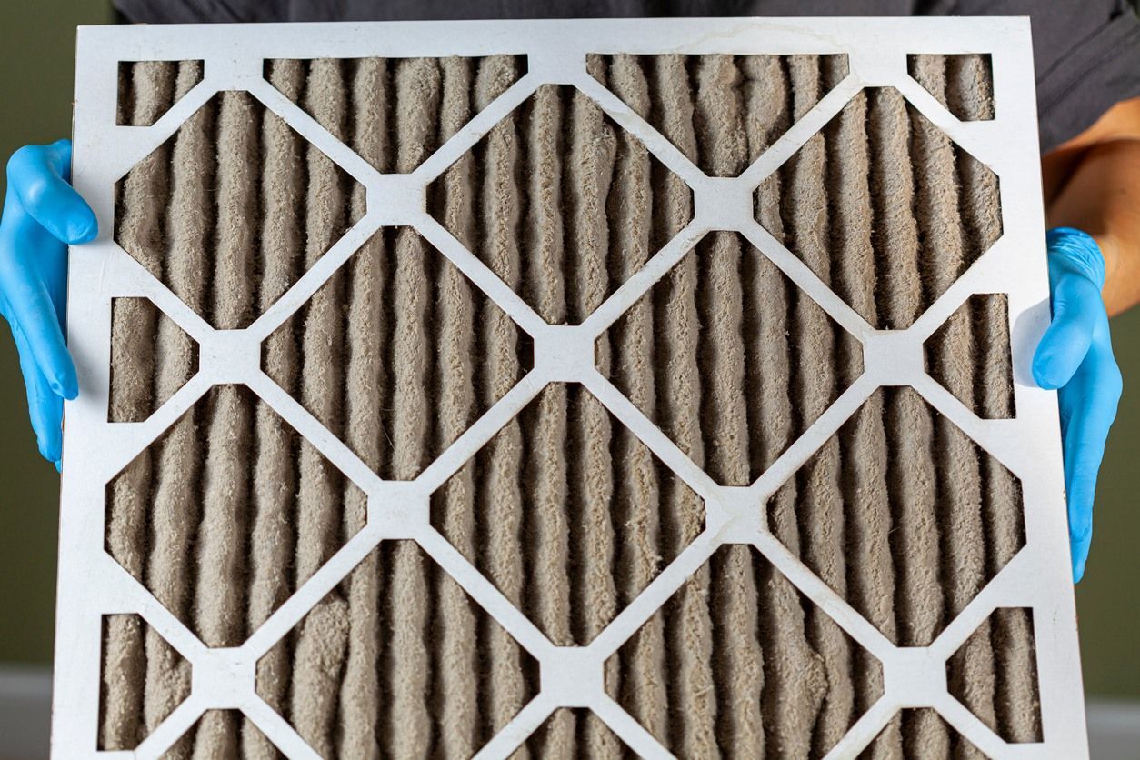 A person wearing blue gloves is holding a dirty air filter.