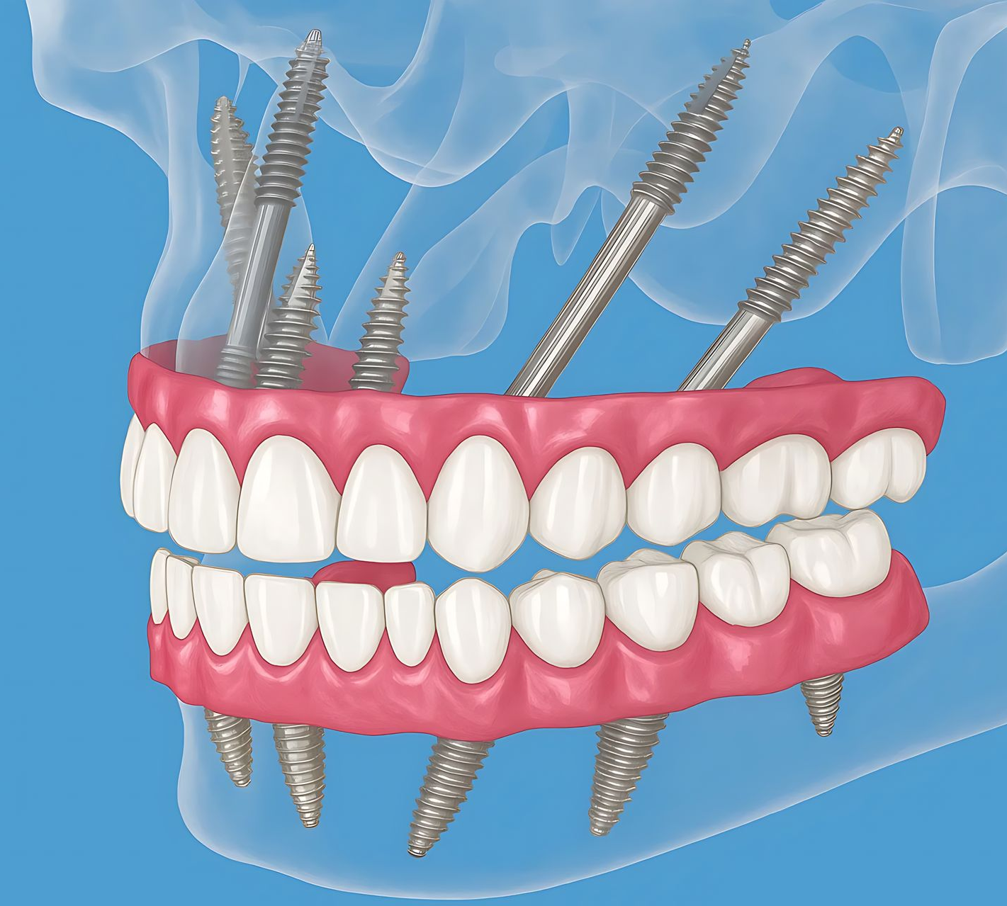 Dental exam: Dentist and assistant with a patient in a chair. Office setting, window behind them.
