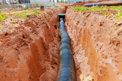A black pipe is being installed in a trench in the dirt.