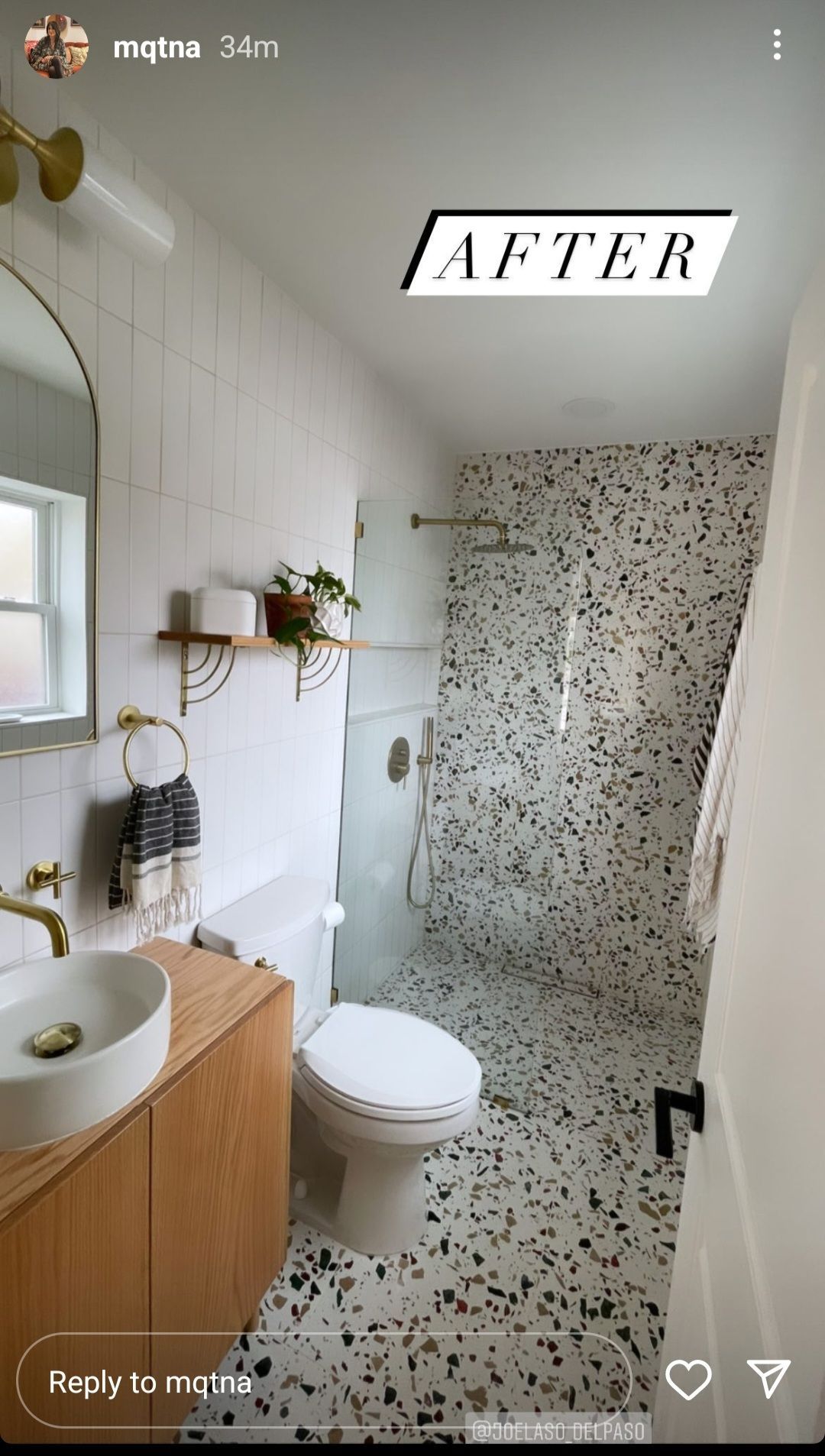 A bathroom with a toilet , sink , mirror and shower.