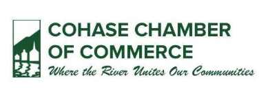 Cohase Chamber of Commerce logo with green river and bridge icon, tagline “Where the River Unites Our Communities”