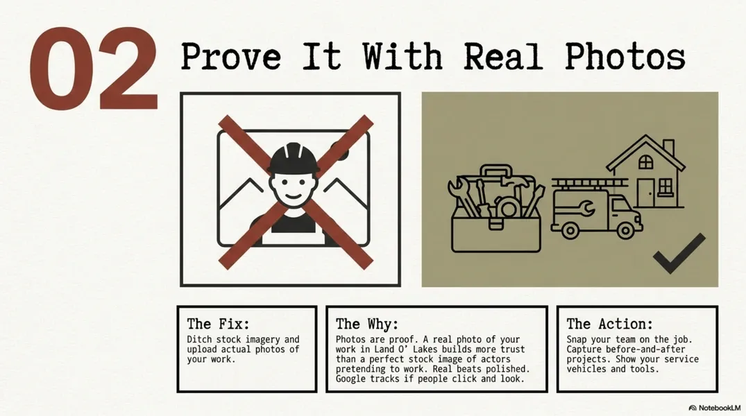 “02 Prove It With Real Photos” slide showing a crossed-out cartoon and a checked sketch of a house and items.
