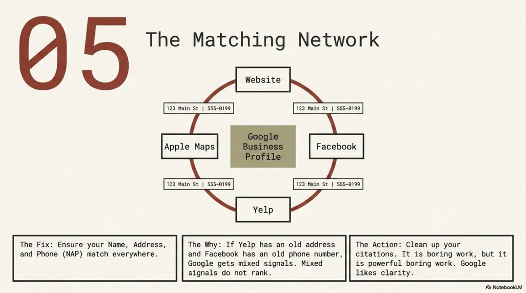 Slide titled “05 The Matching Network” with a central diagram of boxes and arrows showing network connections.