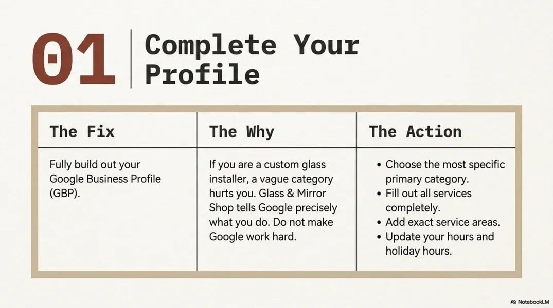 Slide titled “Complete Your Profile” with a 3-column table: The Fix, The Why, and The Action.