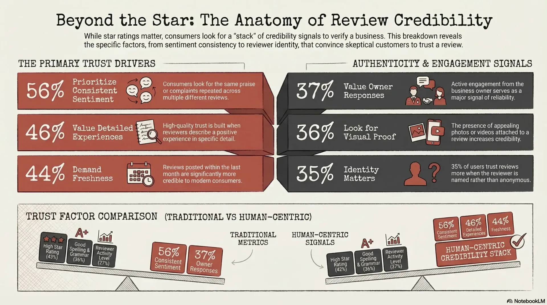 Infographic on review credibility showing percentages, icons, and a comparison of positive vs. negative reviews