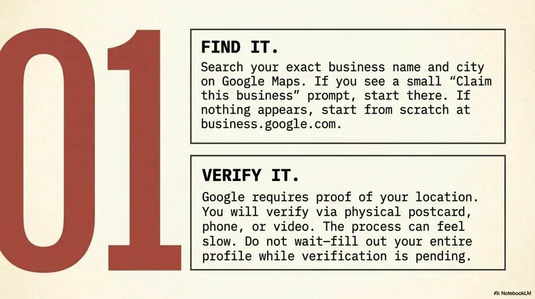 “01” slide with two beige text boxes titled “FIND IT.” and “VERIFY IT.” on a cream background.