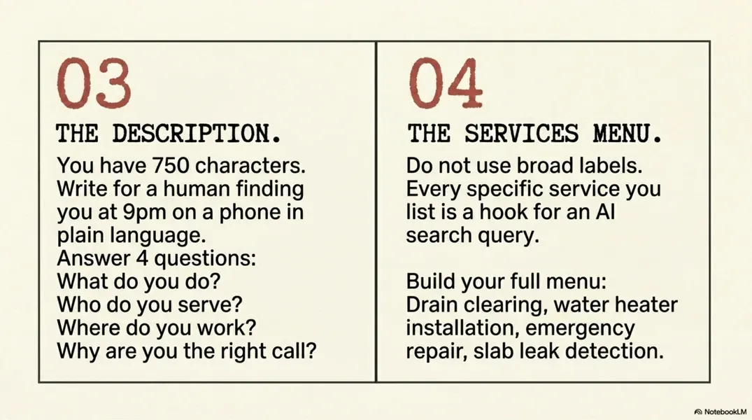 Two-column flyer: left lists a person description and questions; right advertises furnace, AC, repair, leak detection.