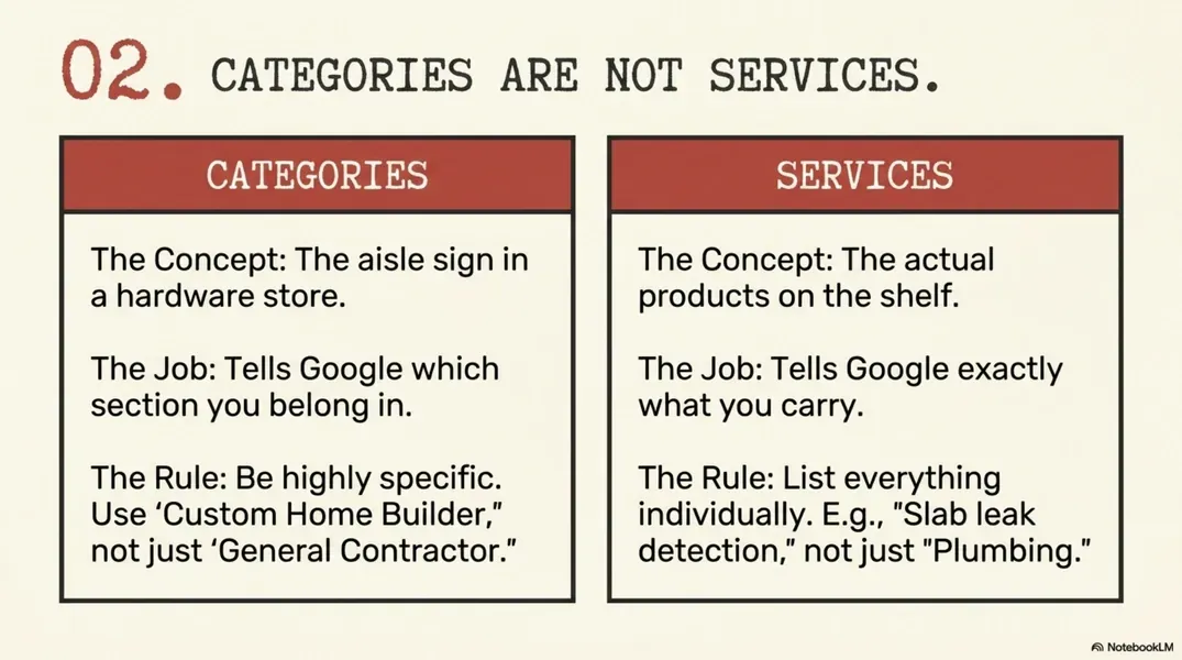 Slide comparing “Categories” and “Services” in two side-by-side red panels under the title “Categories are not services.”