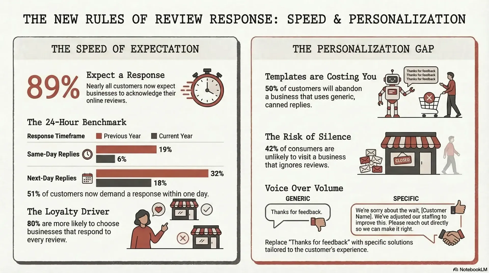 Infographic titled “The New Rules of Review Response: Speed & Personalization” with charts, icons, and reviewer scenes