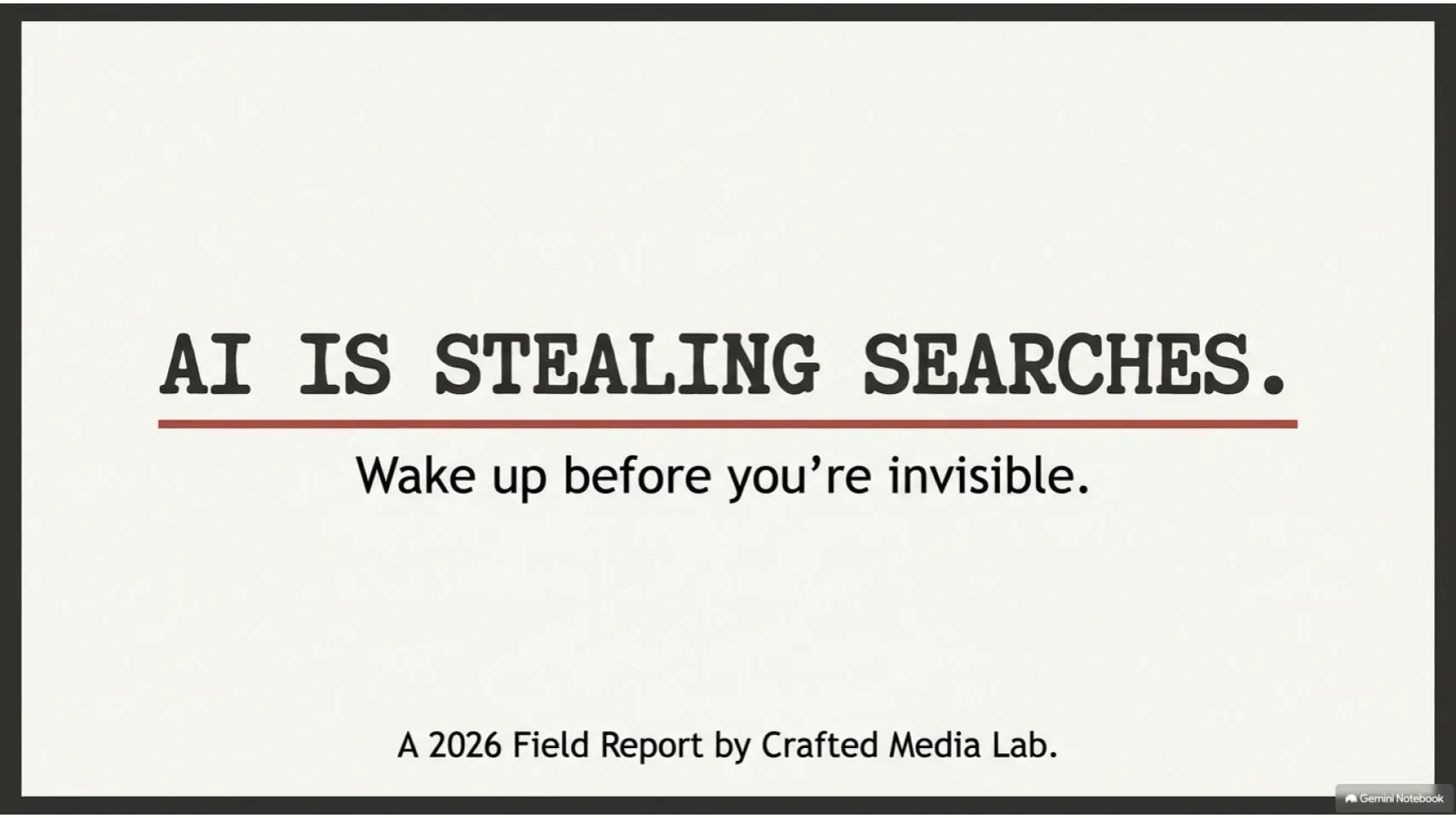Poster reading “AI IS STEALING SEARCHES.” with subtitle “Wake up before you’re invisible.”