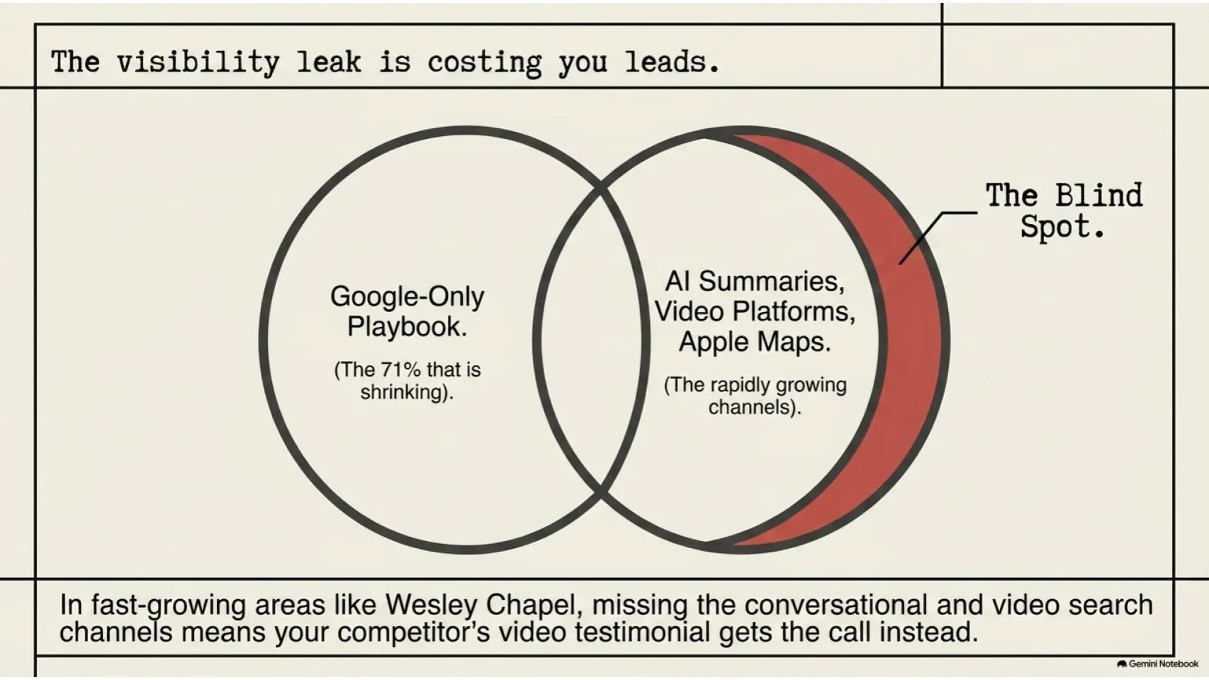 Cartoon Venn diagram on visibility, comparing Google-only playbook and AI summaries, with “the blind spot” labeled.