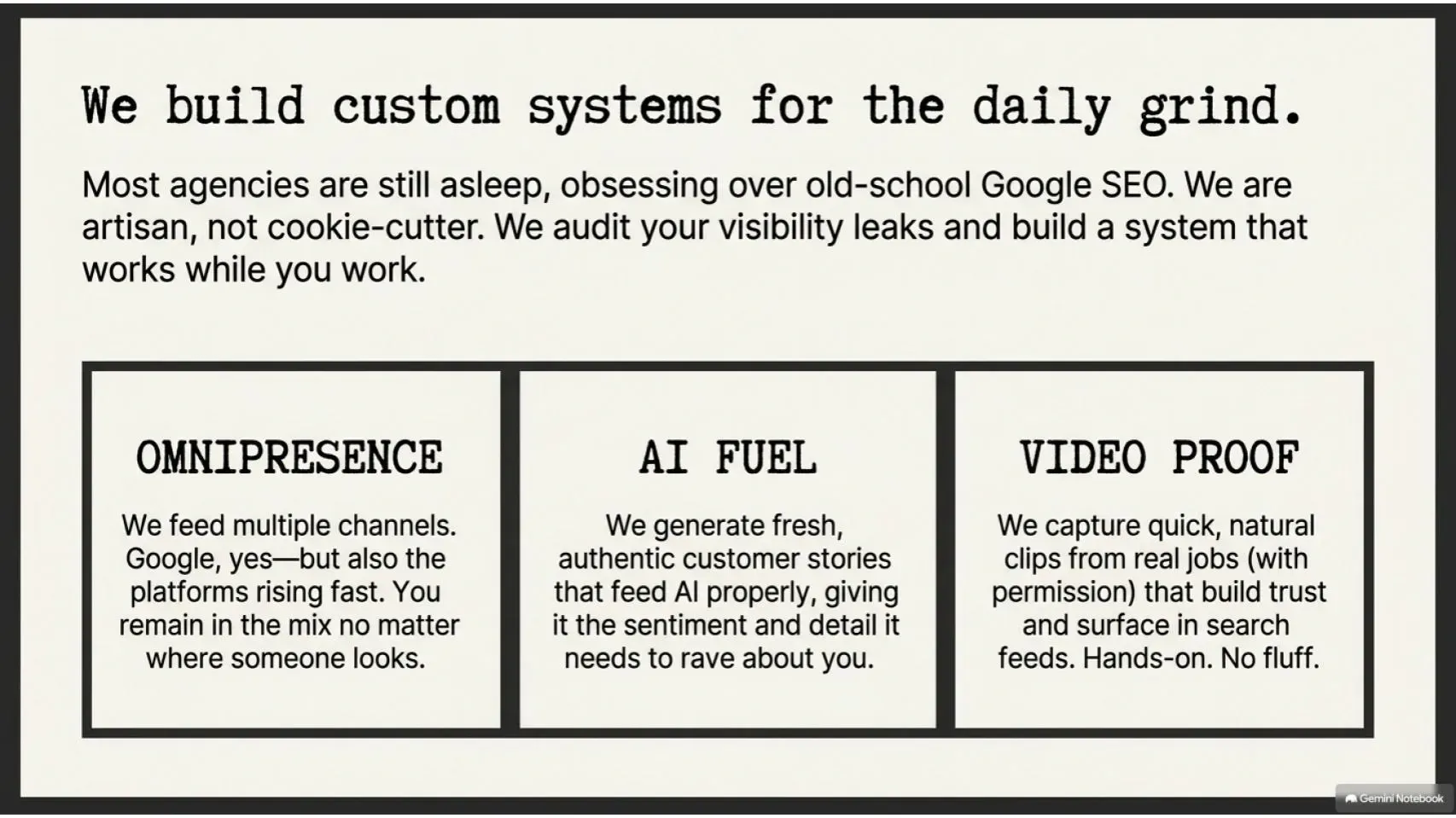 Promotional webpage with headline “We build custom systems for the daily grind” and three service boxes below.