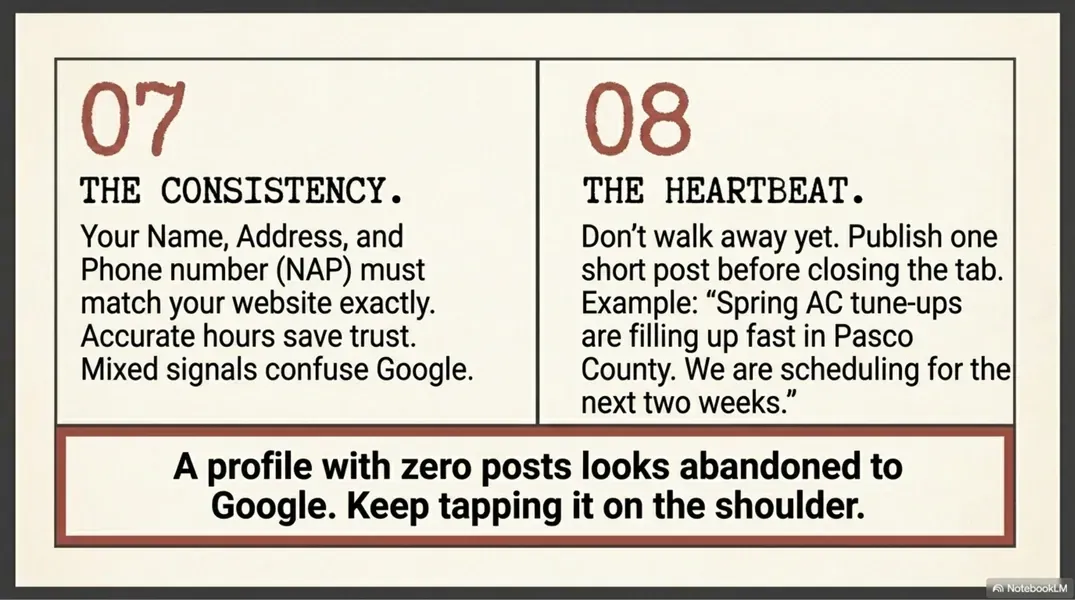 Two-panel infographic with text about consistency and posting profiles to Google.