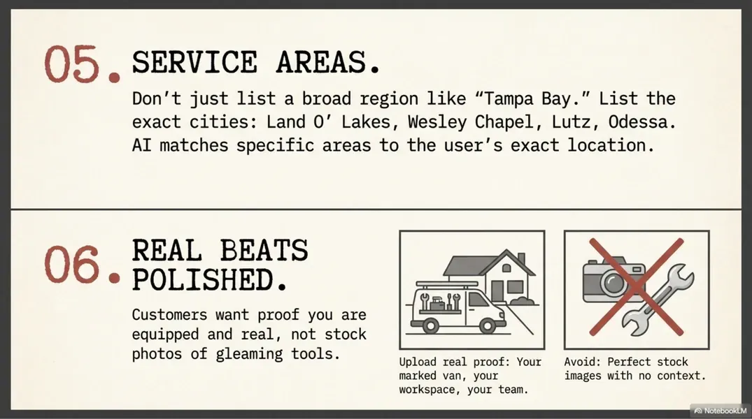 Vintage sign with rules for service areas and a “real beats polished” warning, showing crossed-out tools and vehicle icons.