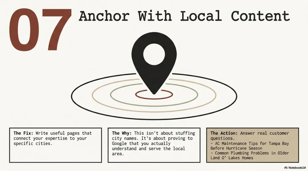 “07 Anchor With Local Content” slide with a location pin over concentric rings and three small text boxes below