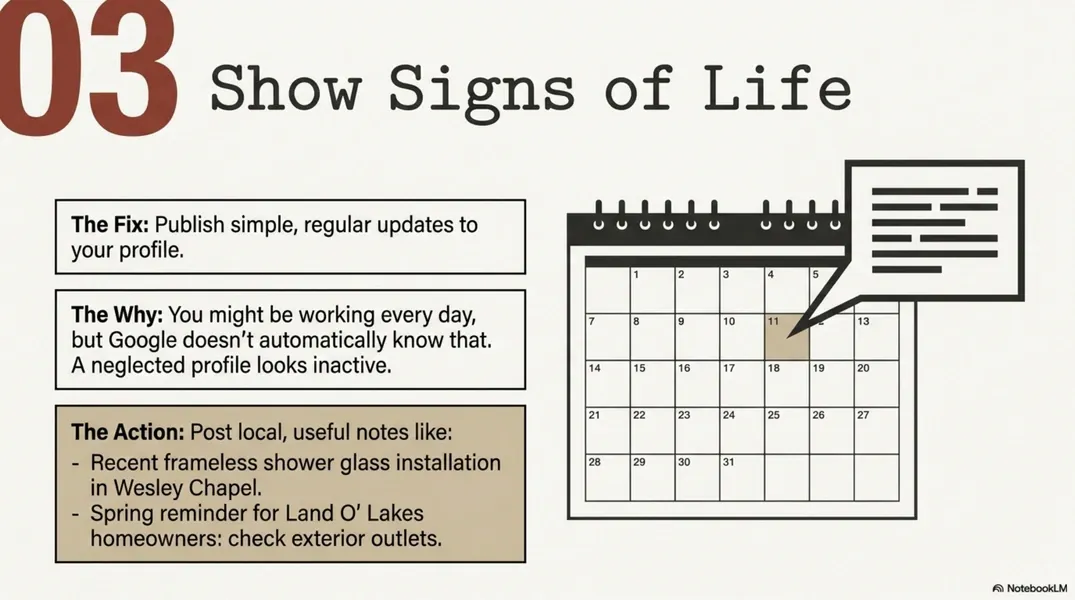Slide titled “03 Show Signs of Life” with text boxes and a calendar graphic illustrating activity tracking.