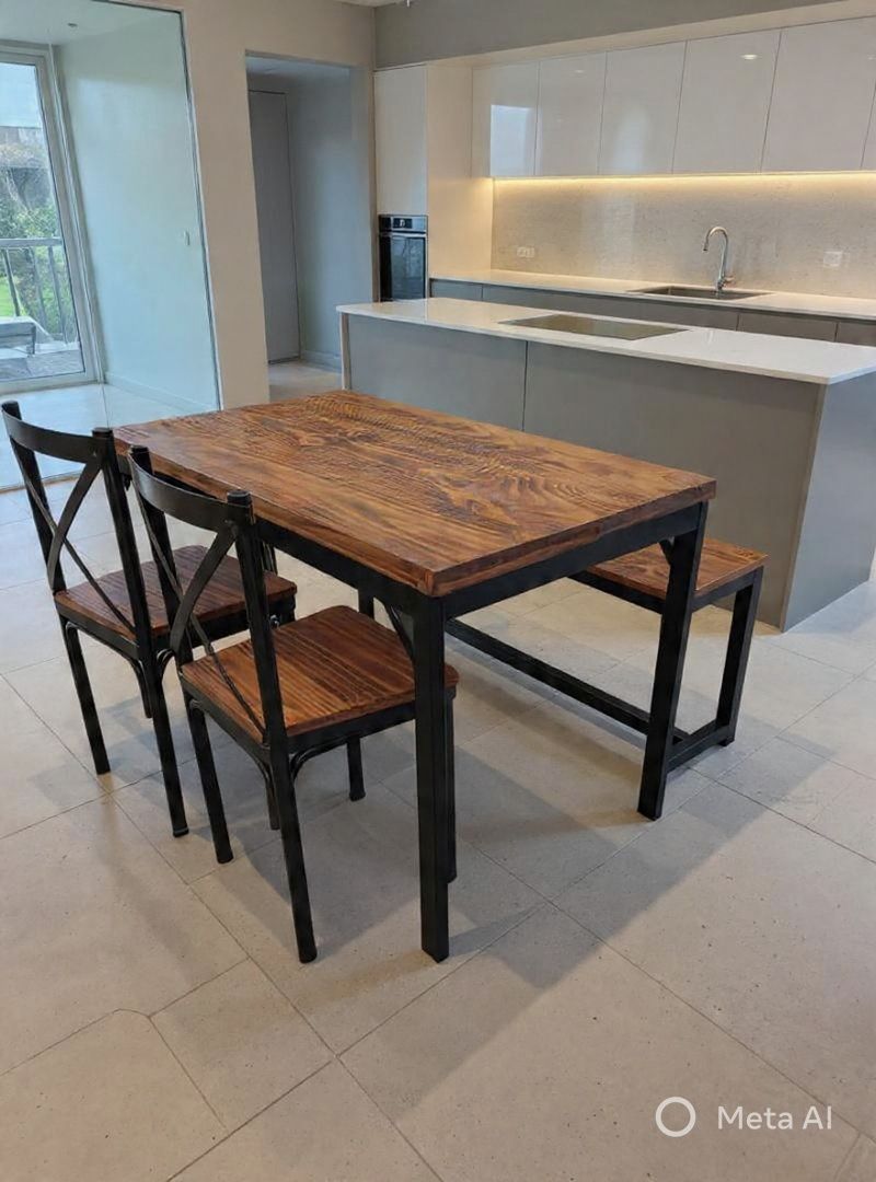 Mesa y sillas de comedor en una cocina moderna con armarios claros y suelo de baldosas.