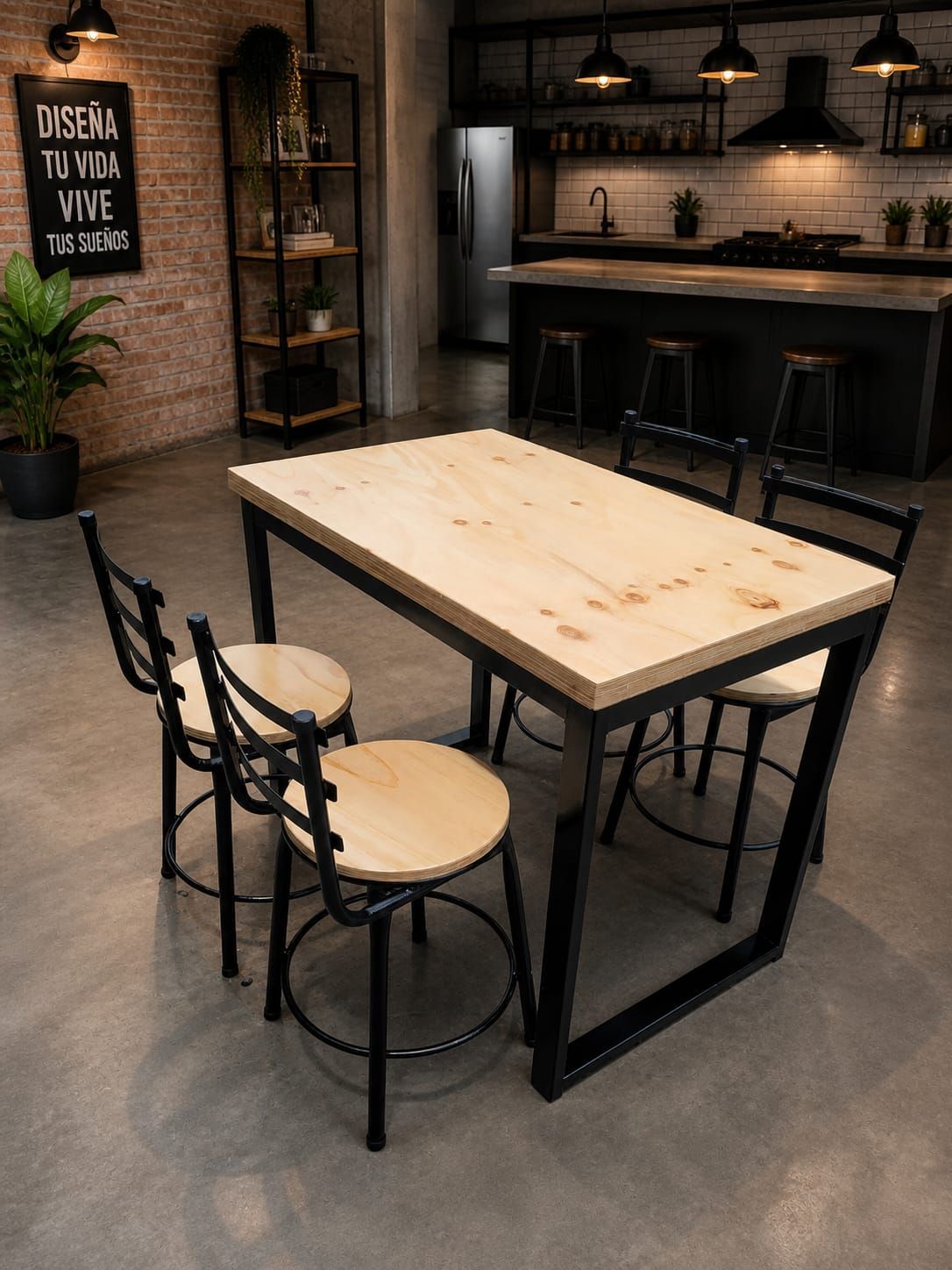 Zona de cocina-comedor moderna con una mesa de madera clara, sillas negras y una isla de cocina oscura al fondo.