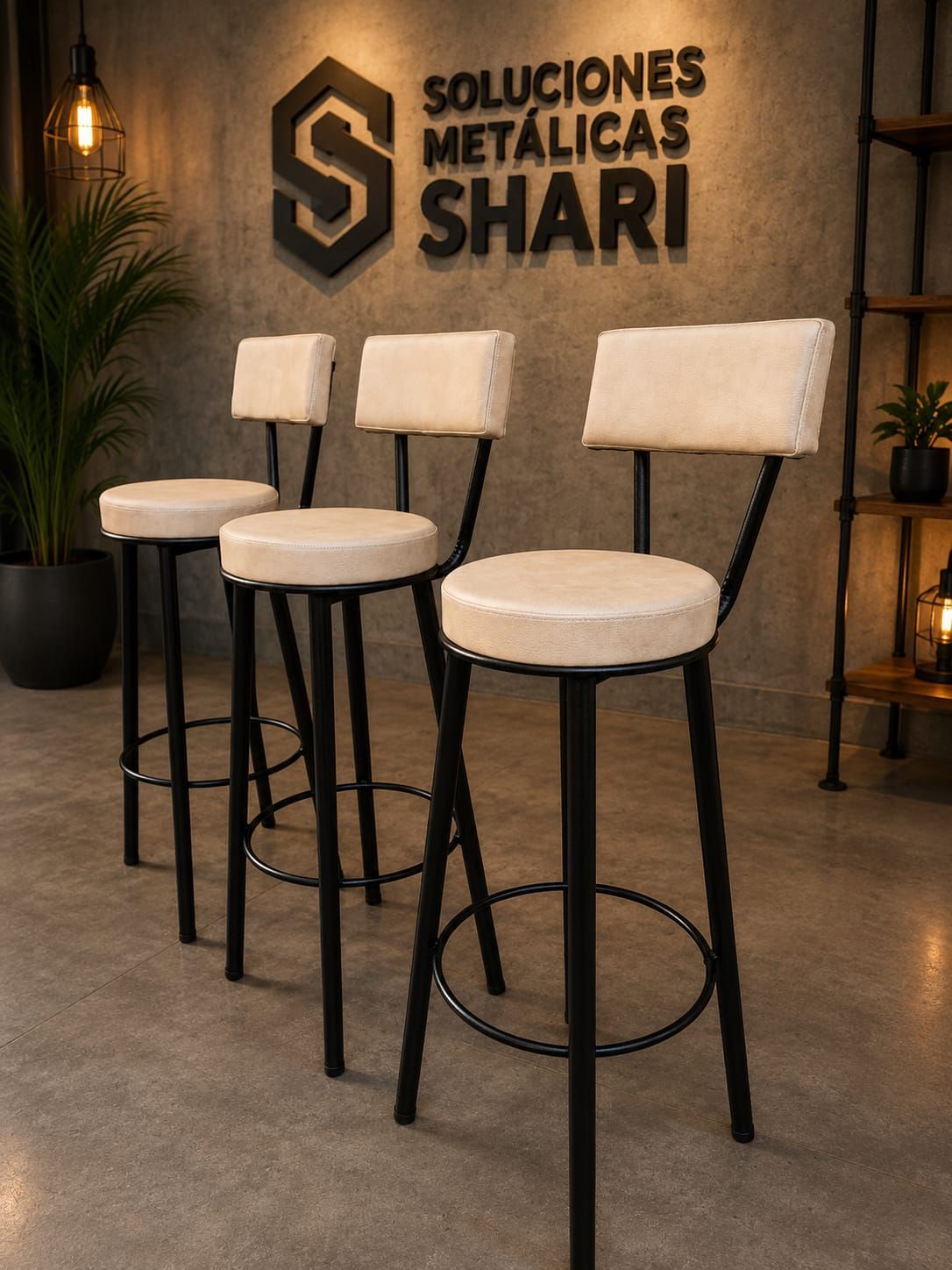 Tres taburetes de bar de metal negro con cojines blancos frente a un letrero de “Soluciones Metálicas Shari”.