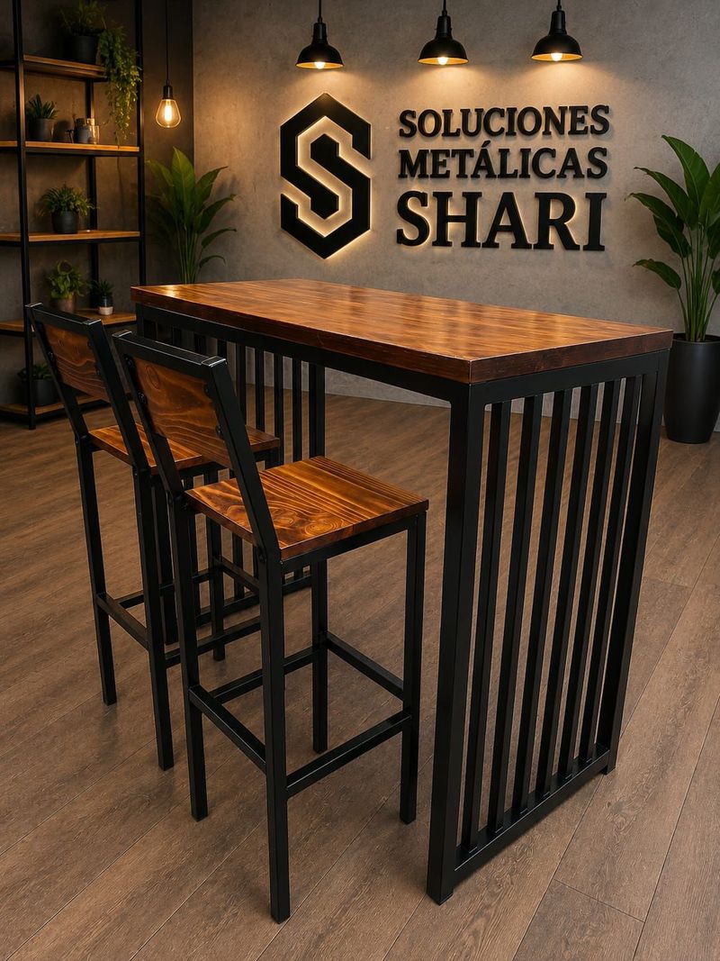 Mesa alta de estilo industrial moderno con taburetes metálicos