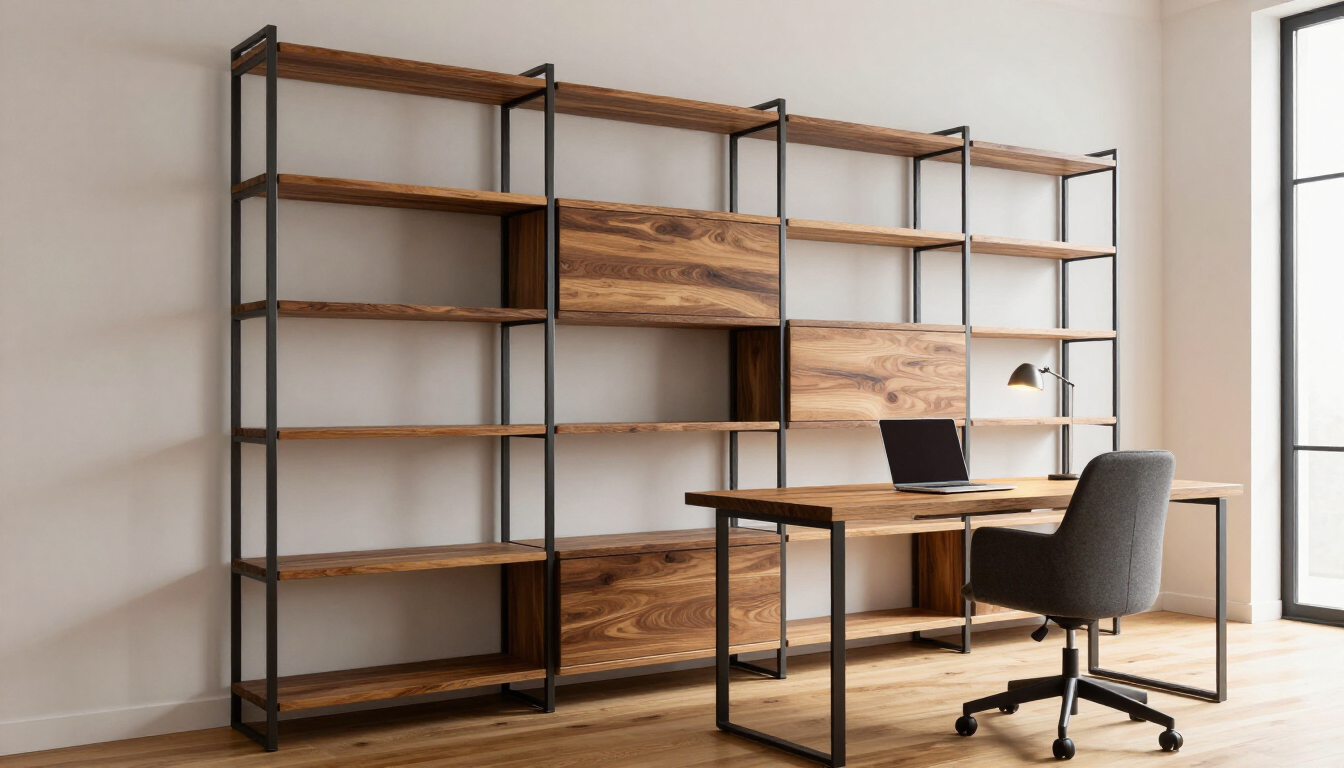 Oficina en casa moderna con estanterías de madera, escritorio, ordenador portátil y silla gris junto a la ventana.