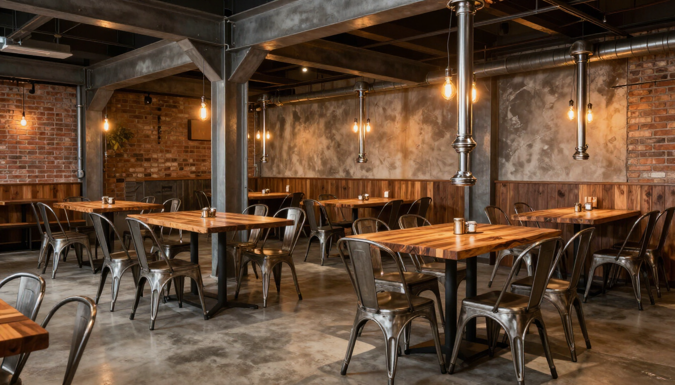 Zona de bar rústica vacía con mesas de madera, sillas de metal y luces colgantes cálidas contra paredes de ladrillo.