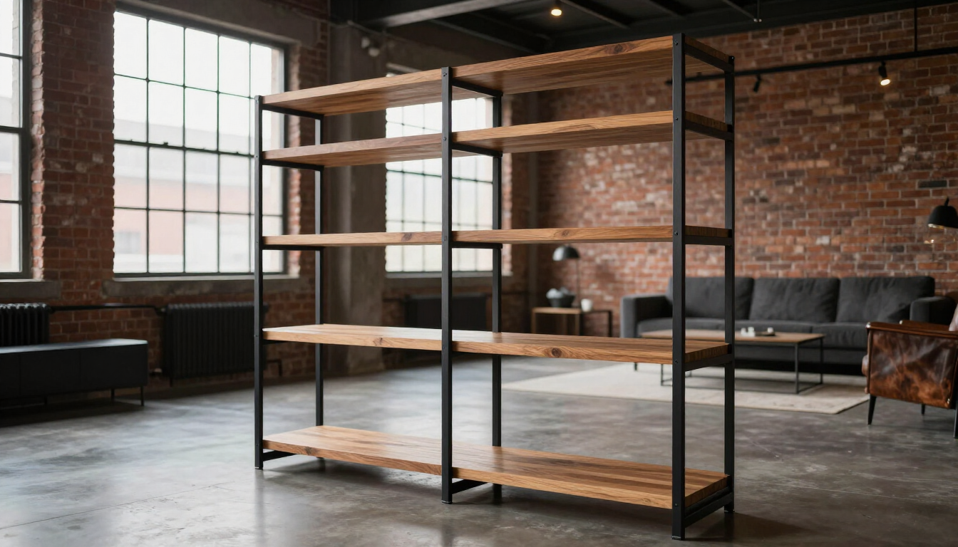 Interior de loft moderno con estantería de metal y madera, paredes de ladrillo, grandes ventanales y un sofá.