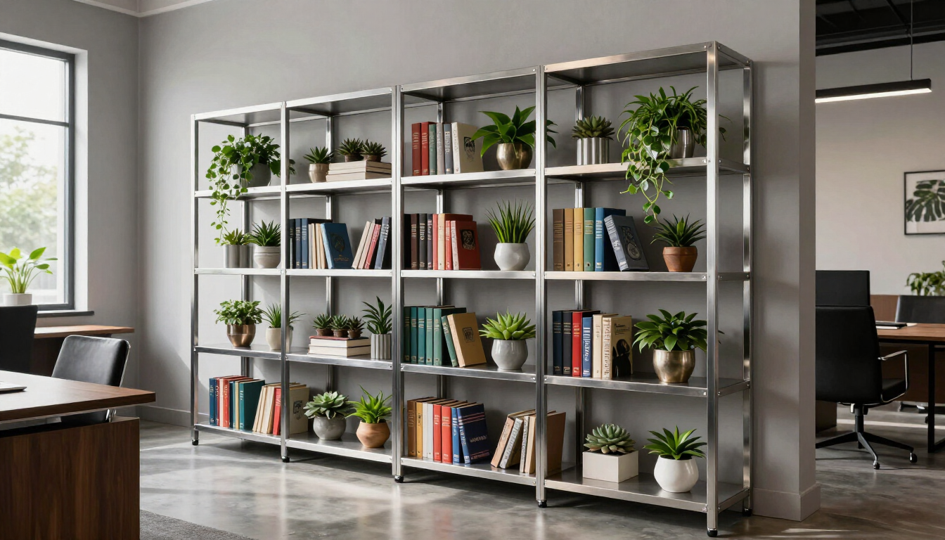 Oficina moderna con estanterías altas repletas de libros y plantas en macetas junto a escritorios y sillas.