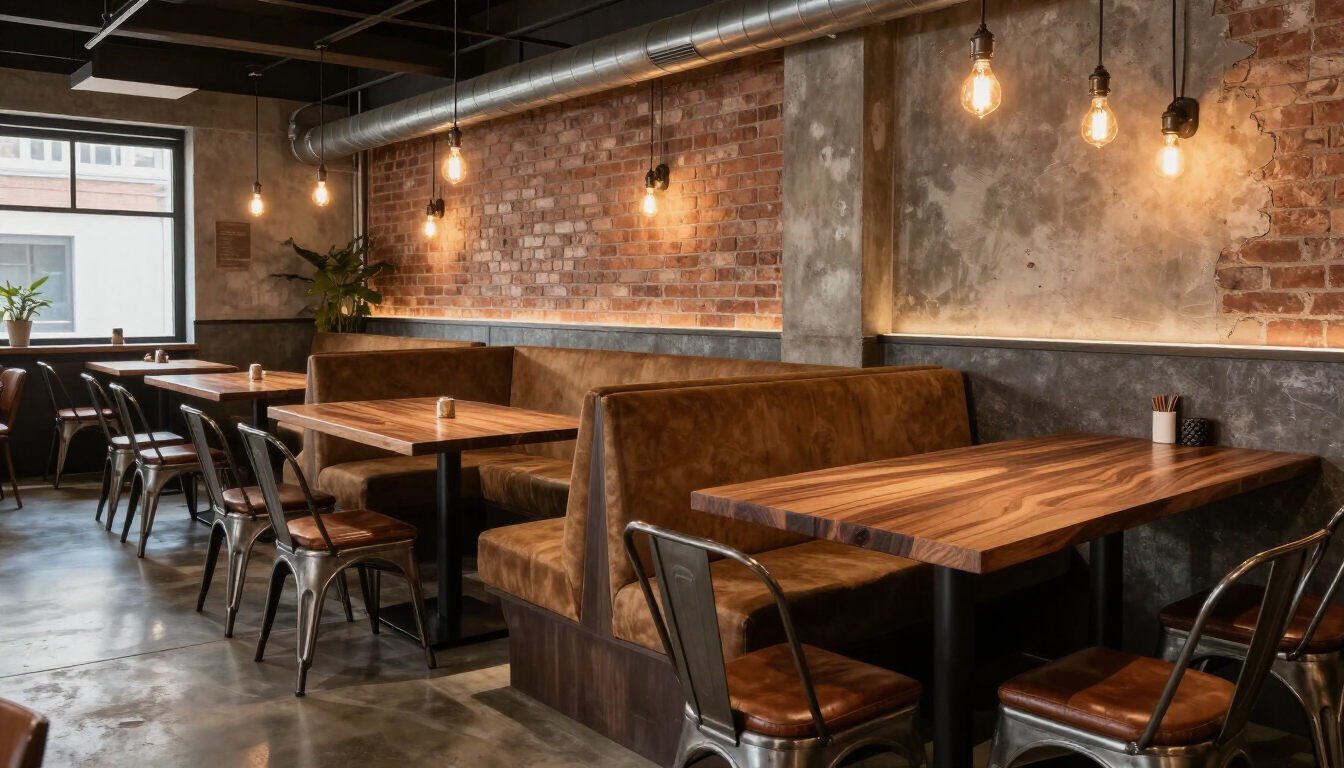 Interior acogedor de restaurante con paredes de ladrillo, mesas y sillas de madera y cálidas luces colgantes.