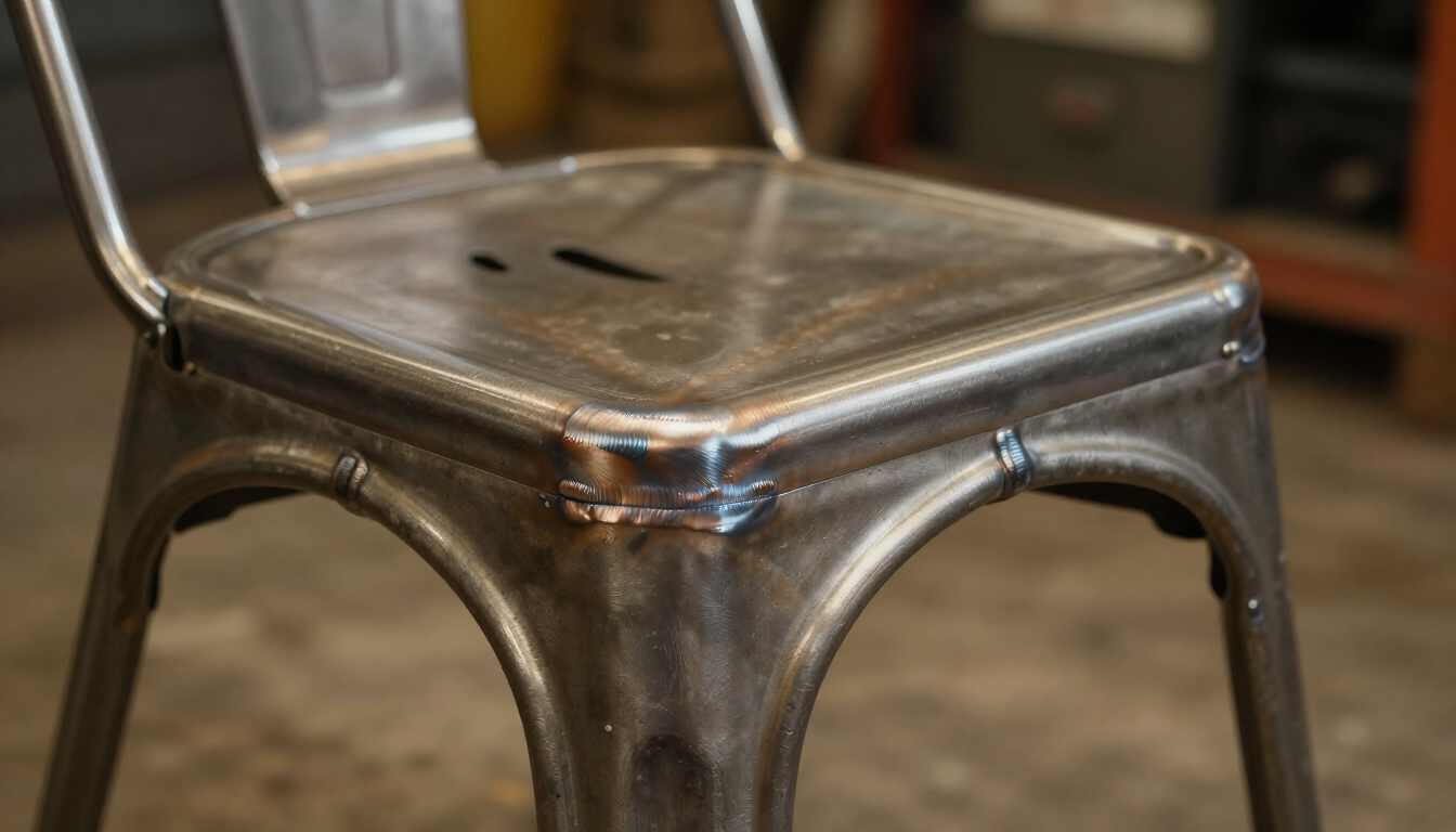 Primer plano de un taburete de metal brillante con asiento cuadrado y patas curvas en un entorno de taller.