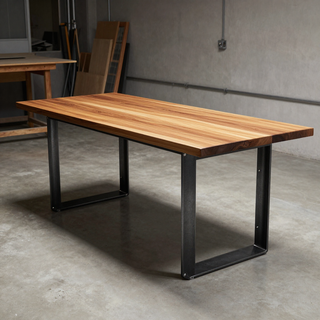 Mesa de madera tipo banco con patas de metal negro en un taller de hormigón.