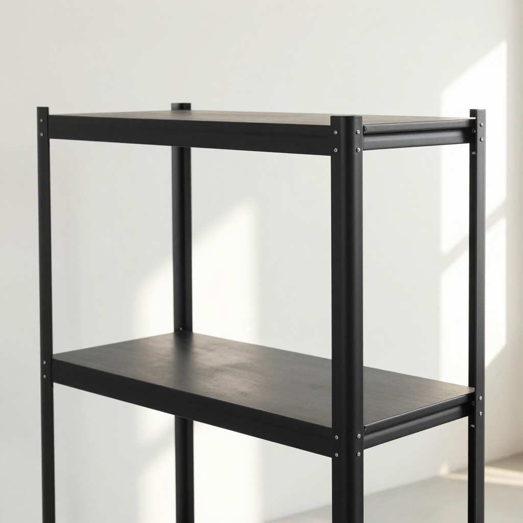 Estantería de metal negro con dos estantes de madera oscura contra una pared clara.