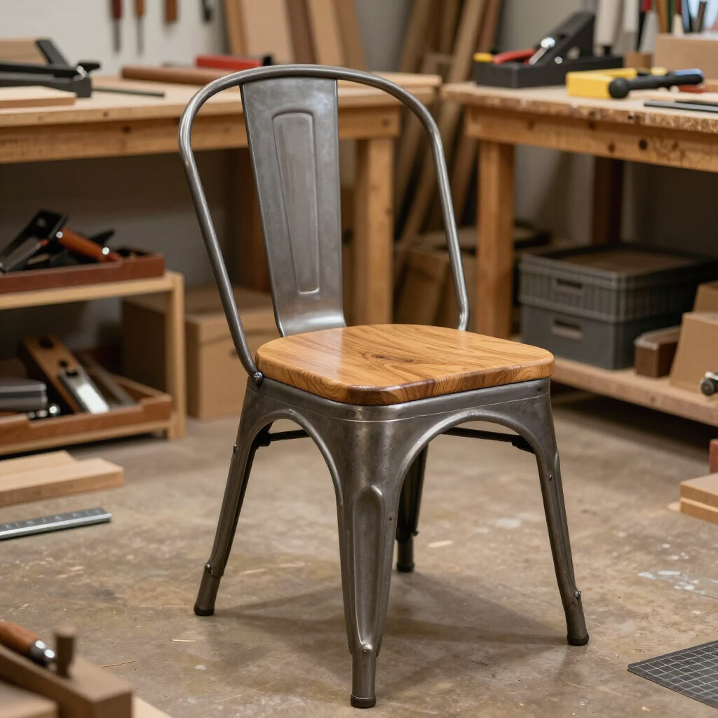 Silla metálica vintage con asiento de madera en un taller de carpintería, rodeada de herramientas y bancos de trabajo.