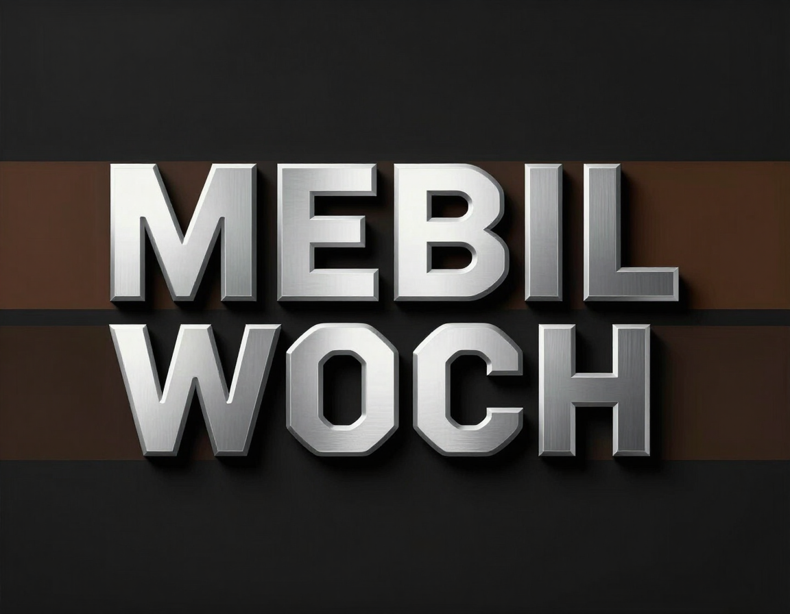 Texto metálico gris con la inscripción “MEBIL WOCH” sobre un fondo oscuro con una franja horizontal marrón.