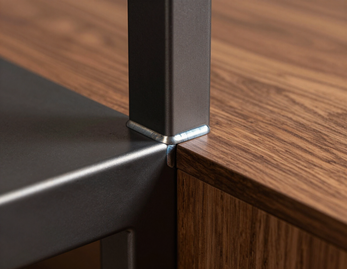 Primer plano de una pata de metal negro que une una mesa oscura