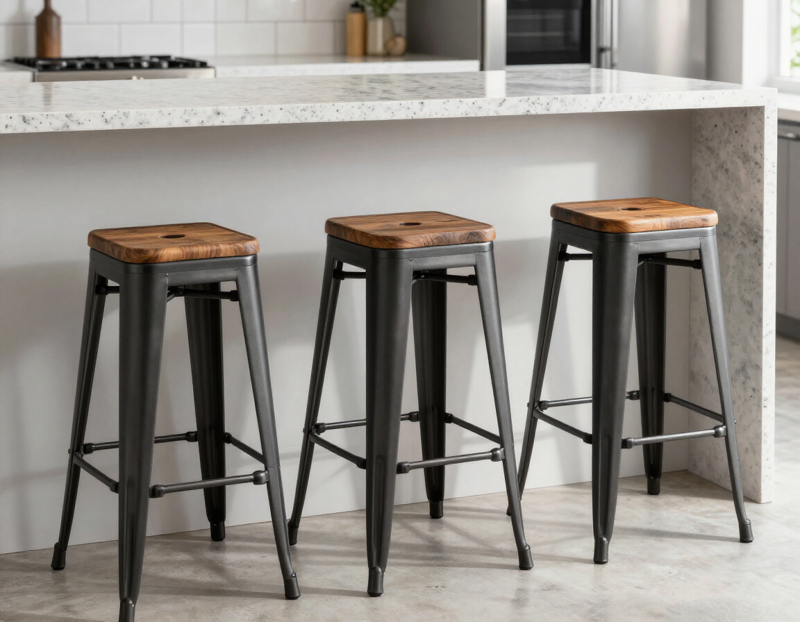 Tres taburetes negros con asientos de madera bajo una encimera de cocina de piedra clara.