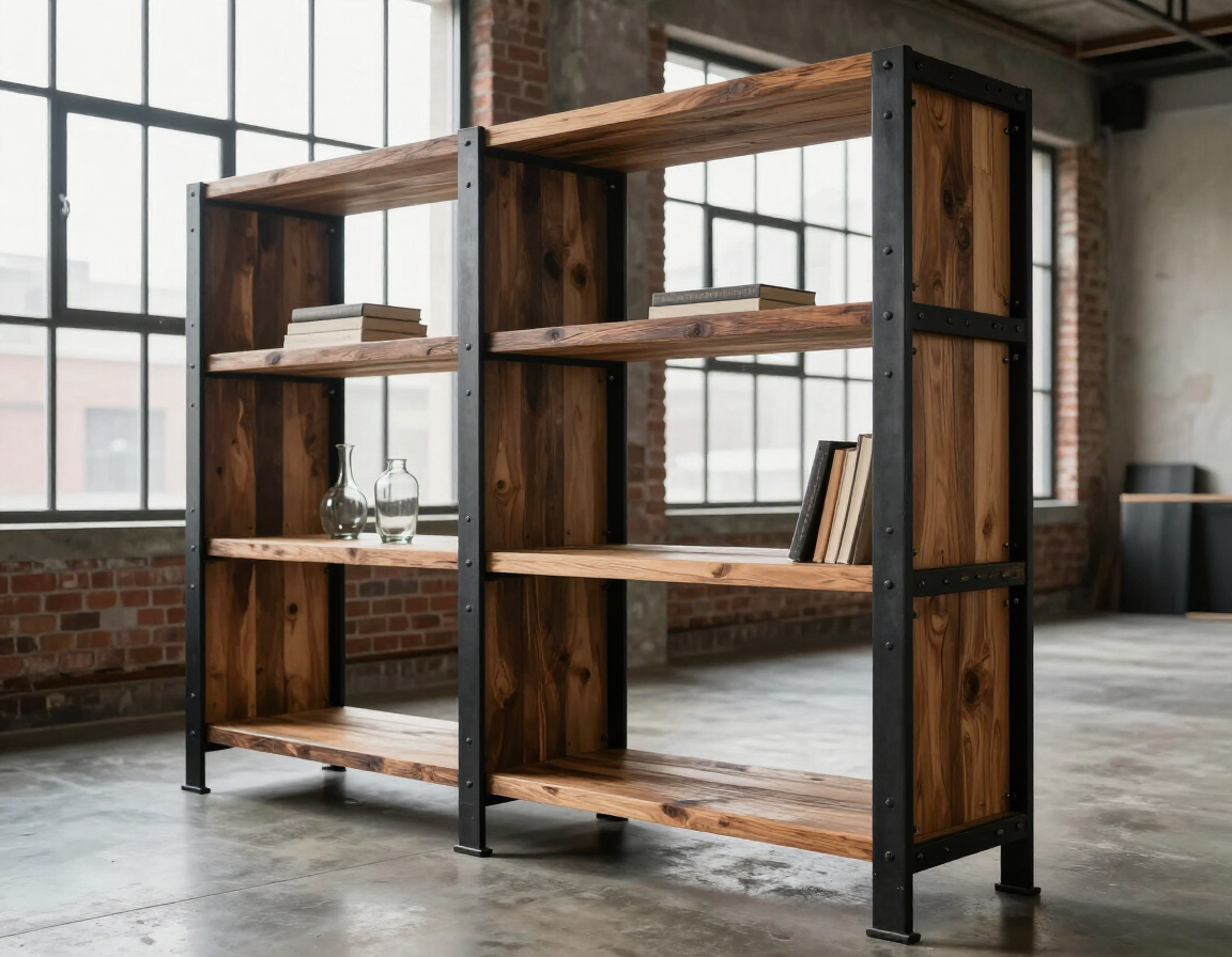 Estantería industrial de madera en una habitación tipo loft con grandes ventanales y paredes de ladrillo.