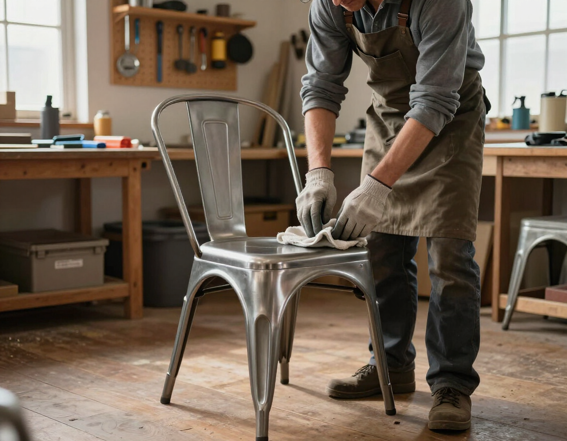 Persona lijando una silla de metal plateado en un taller.