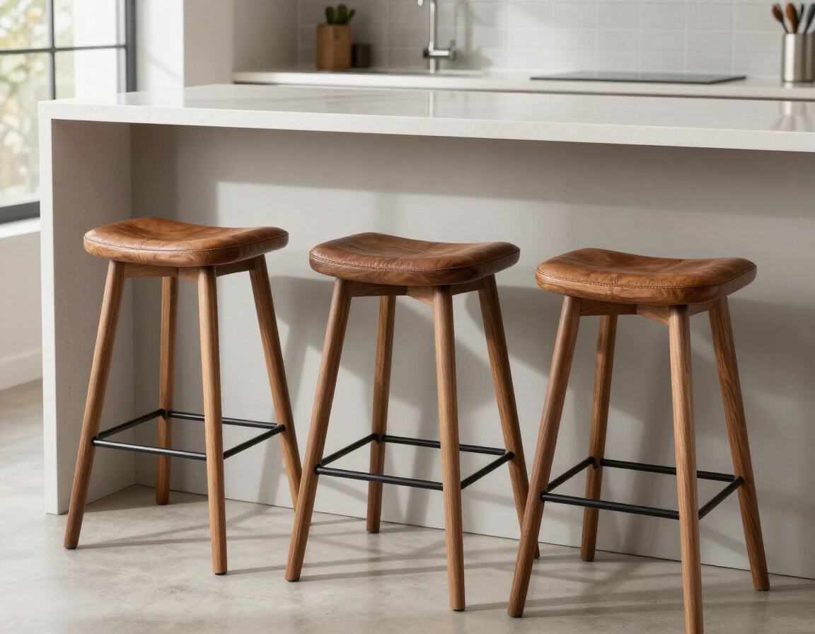 Tres taburetes de madera con asientos tejidos sobre una barra de cocina en una habitación luminosa y moderna.