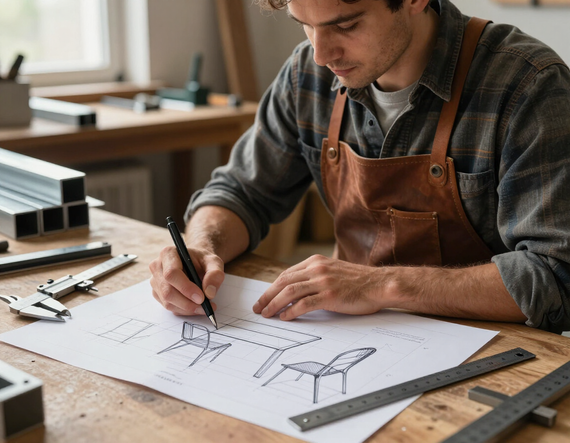 Diseñador dibujando un concepto de producto en papel en un banco de trabajo de madera, con herramientas cerca.