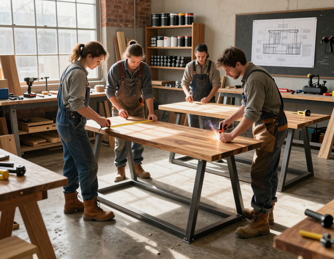 Varias personas colaboran alrededor de un banco de trabajo de madera.