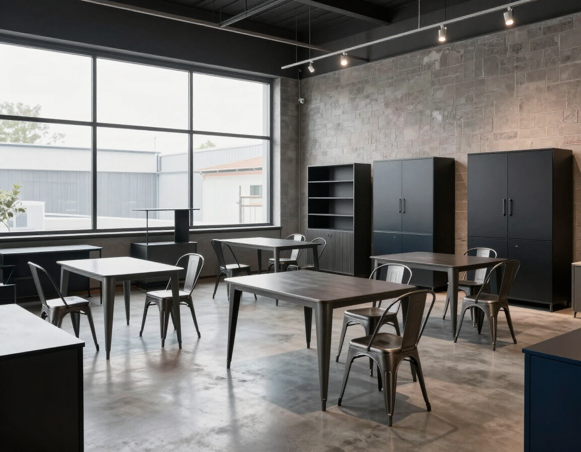 Aula moderna de estilo industrial con mesas, sillas, armarios y grandes ventanas de metal.