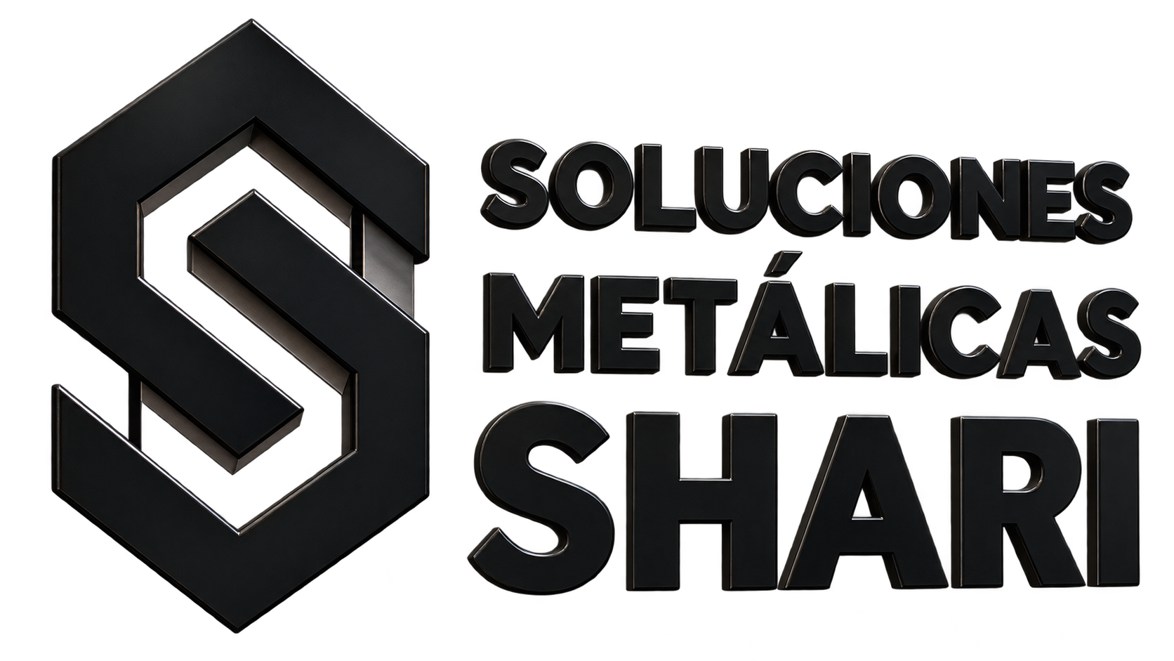 Logo negro y gris de “Soluciones Metálicas SHARI” con una “S” estilizada dentro de un hexágono.