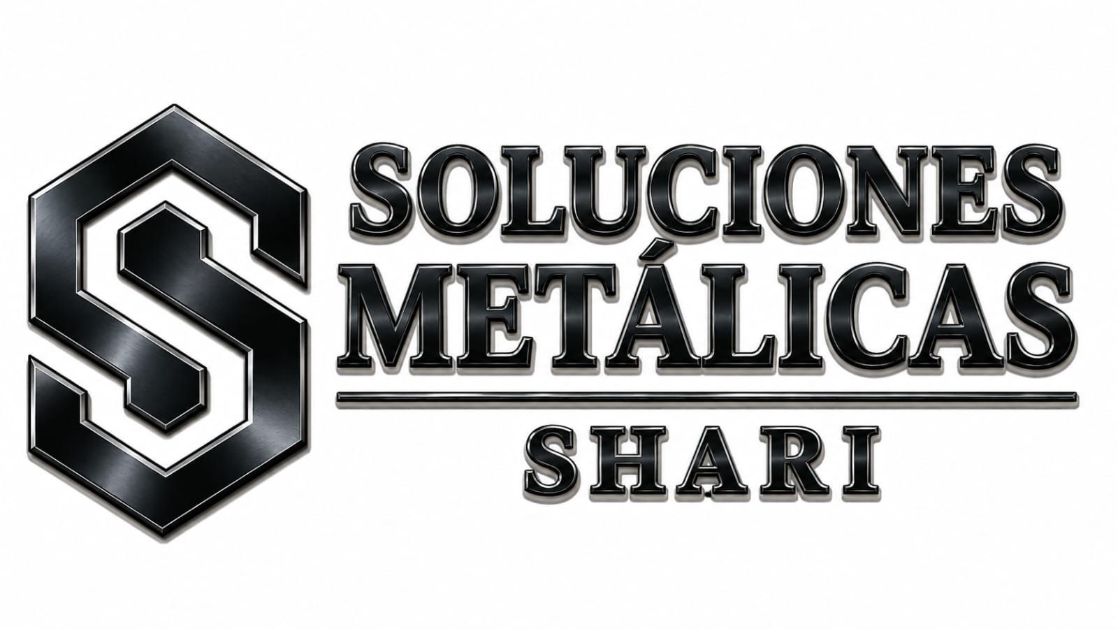 Logo negro y gris de “Soluciones Metálicas SHARI” con una “S” estilizada dentro de un hexágono.