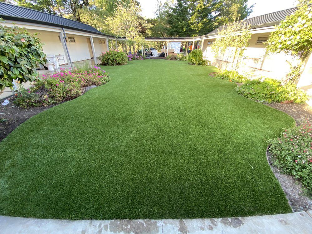 A vibrant green lawn surrounded by garden beds, framed by two buildings with matching dark roofs.