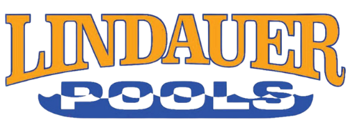 The logo for lindauer pools is blue and yellow on a white background.