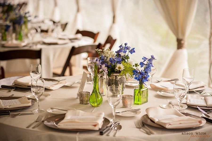 Elegant banquet table with white linens and blue flower centerpieces in green vases