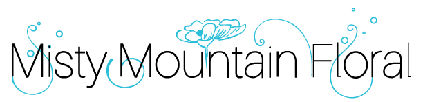 Misty Mountain Floral logo with light blue clouds and water droplets above black script text