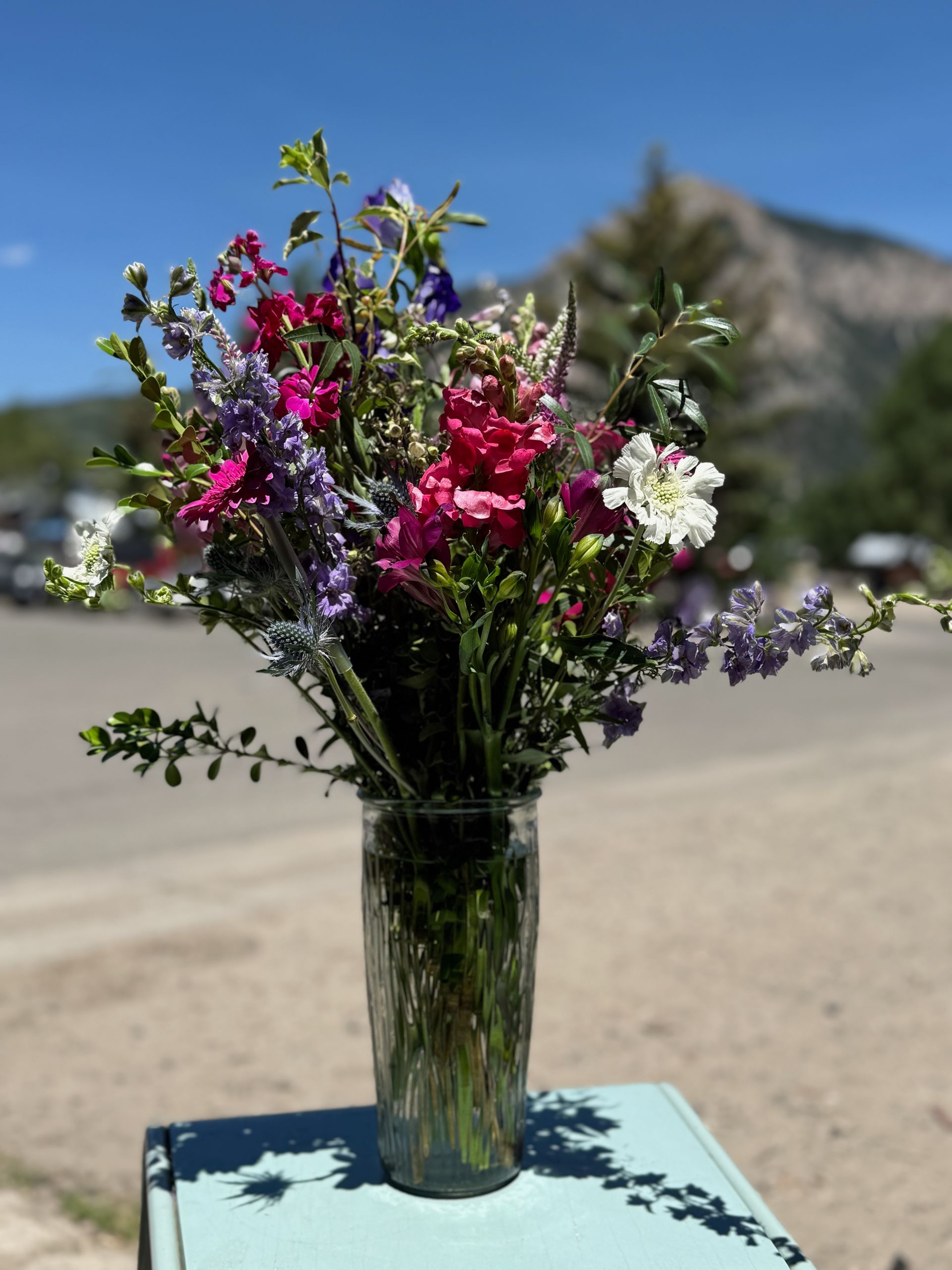 Bouquet of pink, white, and purple wildflowers in a glass vase outdoors, with mountains blurred in the background